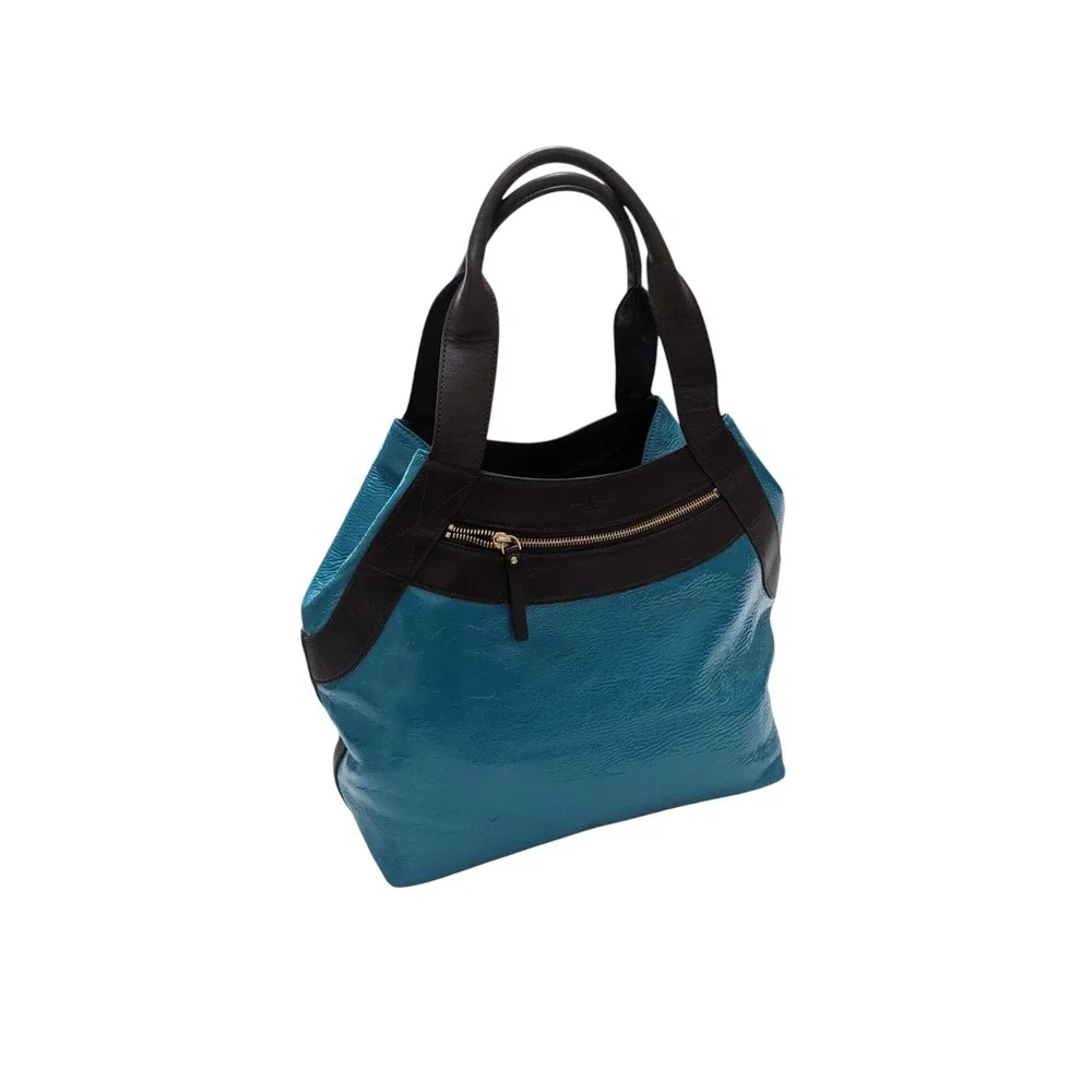 Kate Spade New York Teal Blue Crinkled Patent Leather Brown Trim Tote‎ Bag